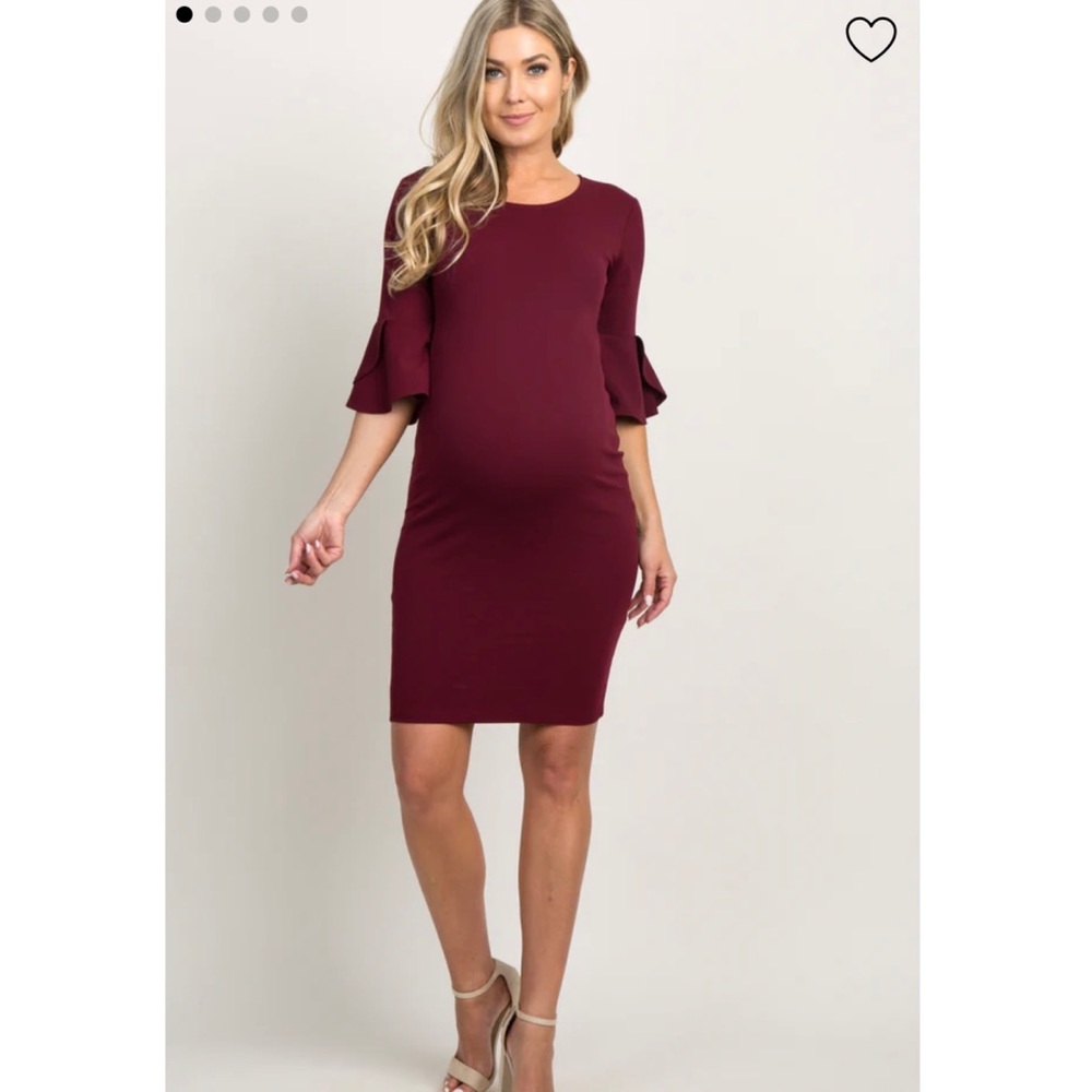 Burgundy Fitted Ruffle Sleeve Maternity Dress